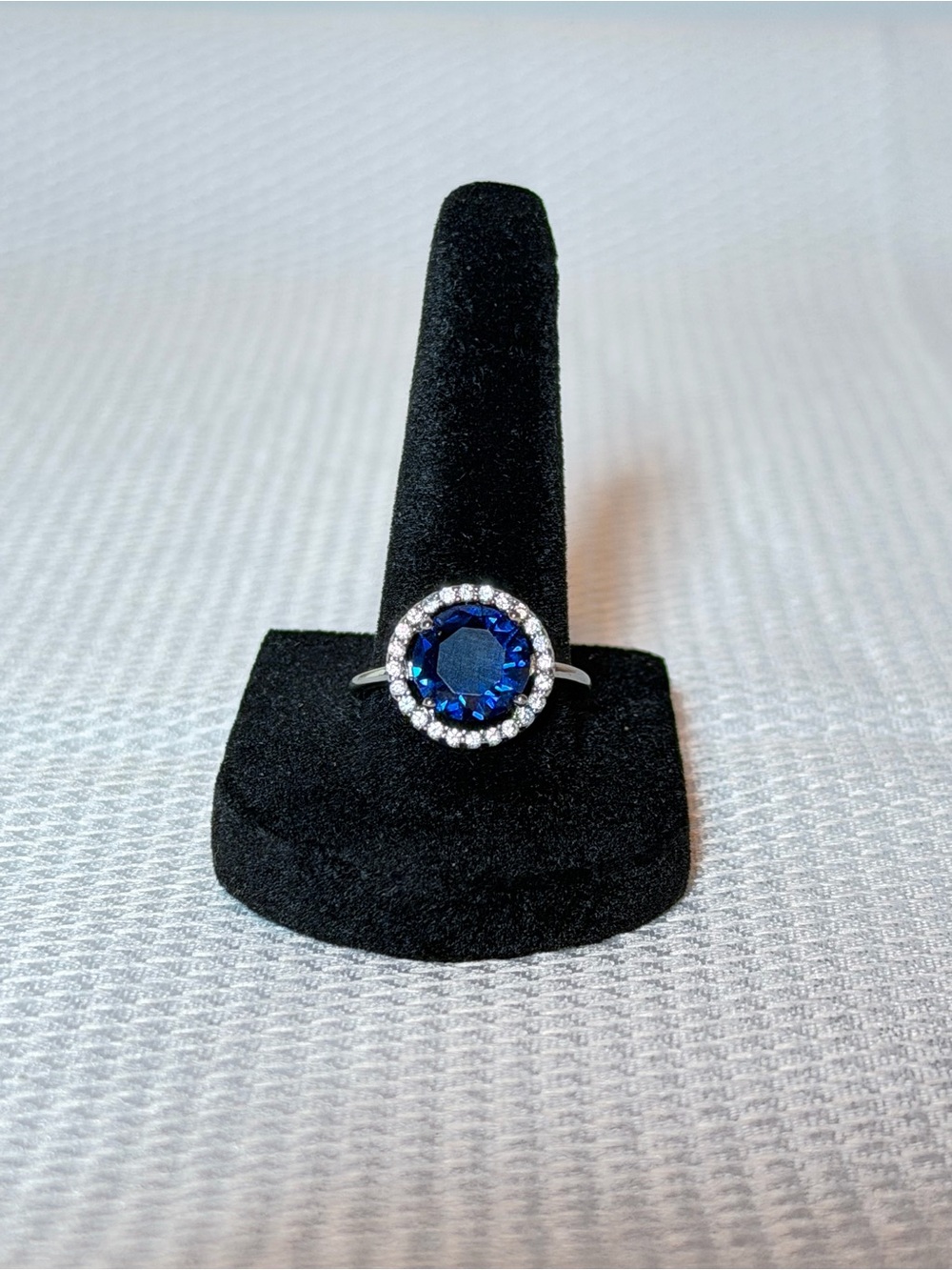 Deep Blue Halo Cocktail Ring w/Clear Accents